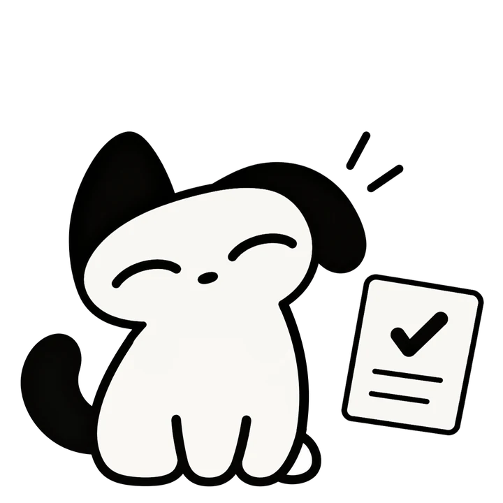 Coggy smiling next to a ticked checklist
