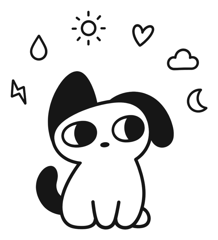 Coggy, a small black-and-white companion, sitting under little symbols for mood, energy, weather and sleep